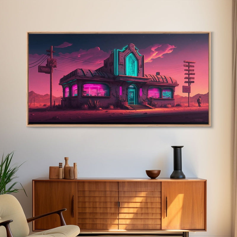 Art Deco Cyberpunk Diner, Wild West Mashup Art, Framed Canvas Print, Neon Art, Wild West Concept Art