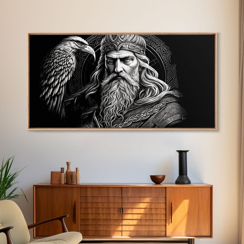 Black and White Portrait of Odin and Muninn, King of The Gods, Framed Canvas Print, Odin's Ravens, Norse Mythology Art