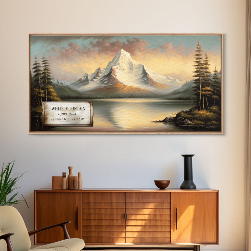 White Mountain, Travel Poster Wall Art, Framed Canvas Print, American Mountains, Mountain Landscape Painting, Mountains of New Hampshire