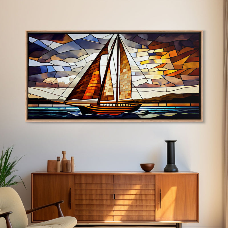 Art Deco Stained Glass Sail Boat Wall Art | Framed Canvas Print | Nautical Art | Seascape Art | Beach House Decor