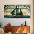 Emerald Green and Gold Art Deco Sail Boat, Framed Canvas Print, Retro MCM Style Wall Art, Midcentury Modern, Stained Glass, Huge Art