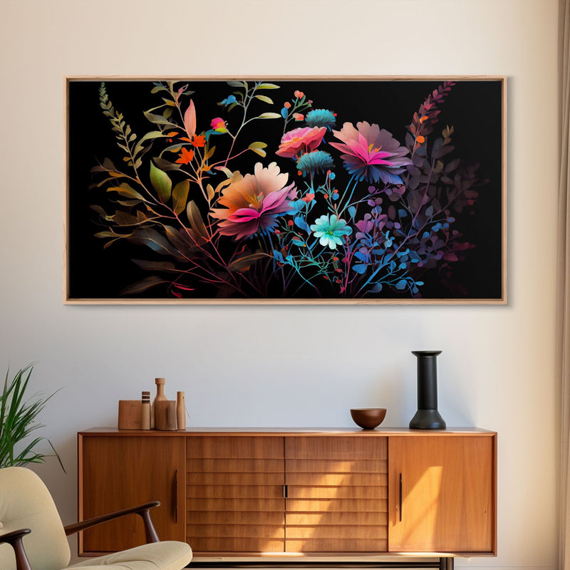 Wild Flower Art, Black Background, Framed Canvas Print, Canvas Art, Mother's Day, Watercolor Painting of Flowers on Canvas, Living Room Art