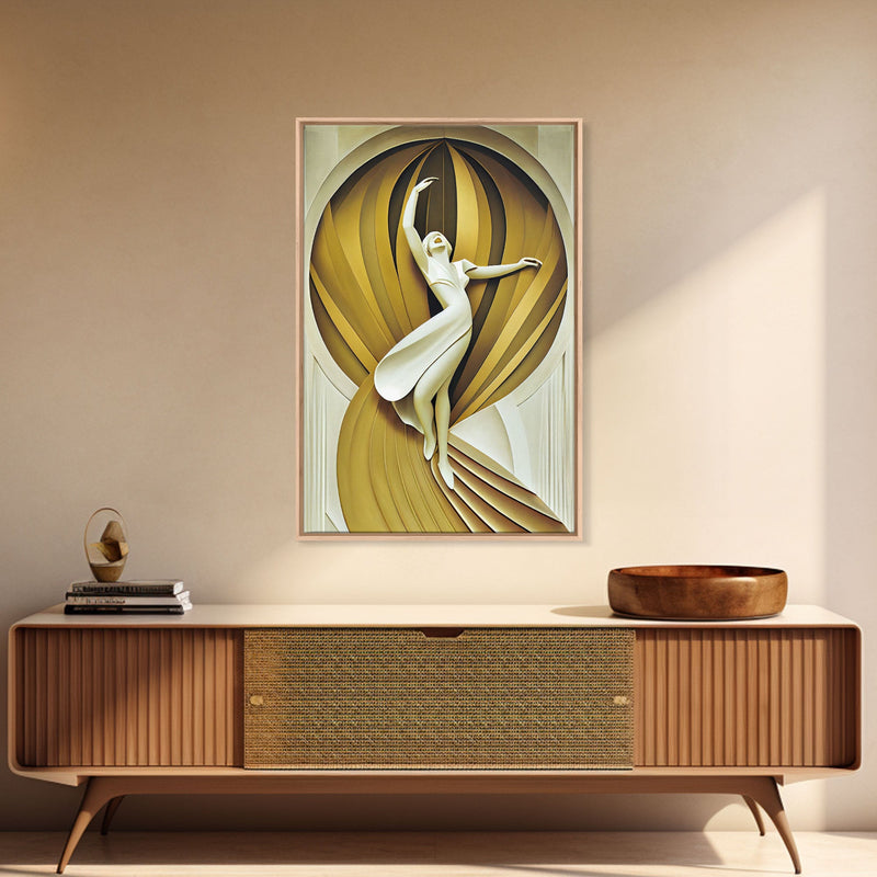 Art Deco Sculpture Canvas Print, Framed Wall Art, 1930s Inspired Retro Art, White and Gold Ballerina