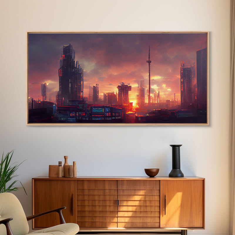 Watercolor of a cyberpunk city, canvas print, dystopian urban landscape at sunset, synthwave style