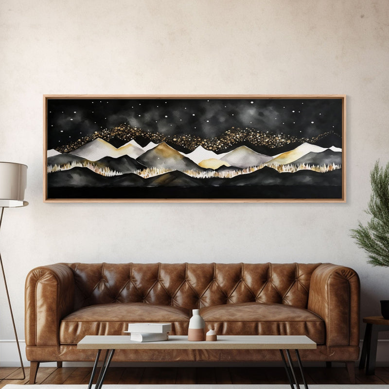 Black & Gold Mountain Landscape Painting, Framed Canvas Print, Panoramic Art, Extra Wide Art, Center Piece Decor, Above Fireplace or Sofa