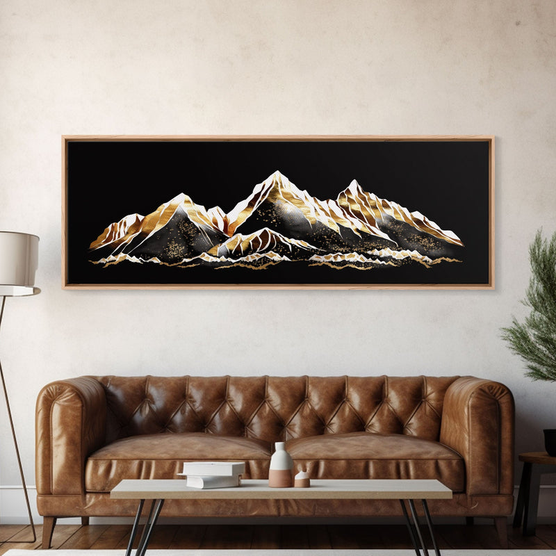 Black & Gold Mountain Landscape Painting, Framed Canvas Print, Panoramic Art, Extra Wide Art, Center Piece Decor, 24 x 72 Art, Huge Art