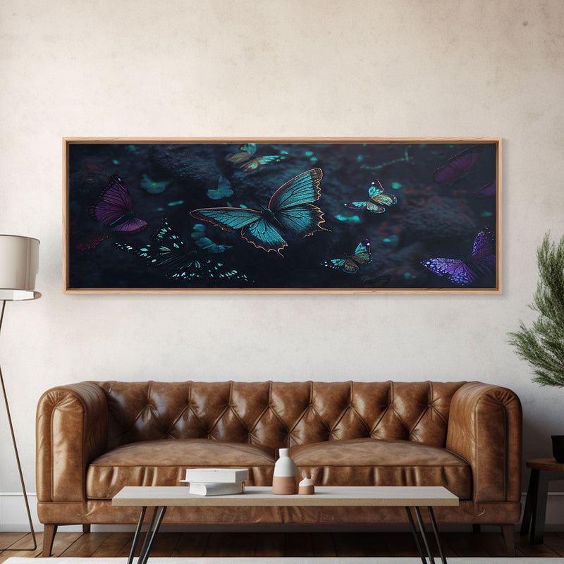 Blue Butterflies, Framed Canvas Print, Bioluminescent Glowing Butterfly Art, Framed Wall Art