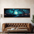 The mycelium Networrk, Fantasy Art, Framed Canvas Print, Bioluminescent Fantasy Forest At Night, Blue Glowing Ambience Art