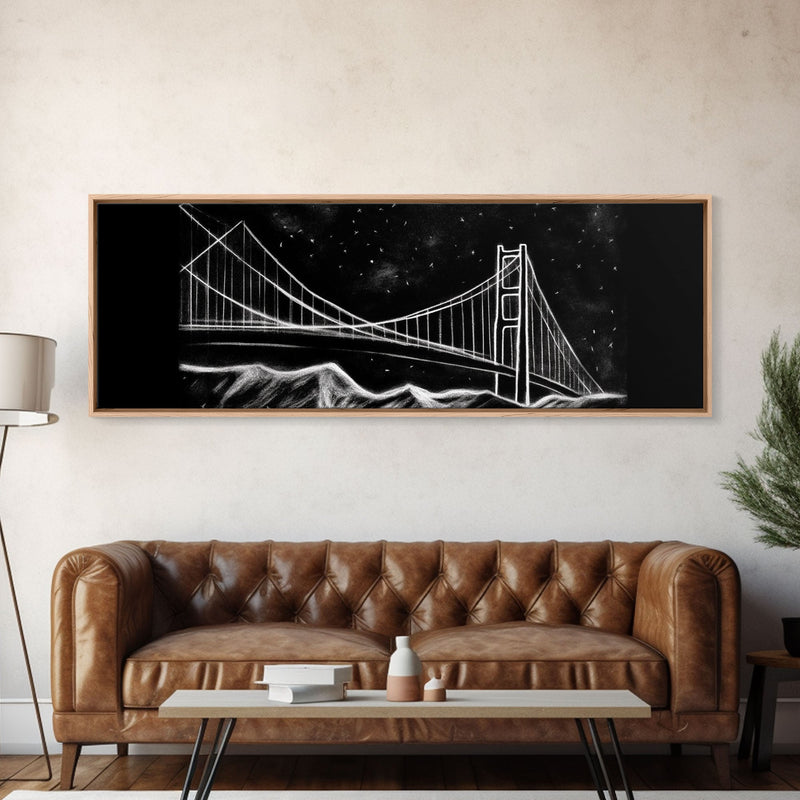 Black And White Suspension Bridge Canvas Print, Large Urban Art Print, Line Art, Chalk Wall Decor, Panoramic, Wall Art, Canvas Print