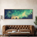 Green Night Sky Watercolor Art Print, Forest Canvas Art, Dark Forest Art, Starry Night Sky, Galaxy Art, Panoramic, Wall Art, Canvas Print