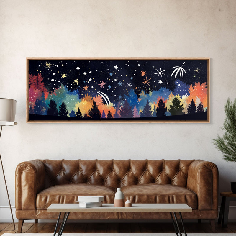 Abstract Forest Art, Dark Forest Art, Autumn Canvas Print, Starry Night Sky, Framed Canvas Print, Panoramic, Wall Art, Canvas Print