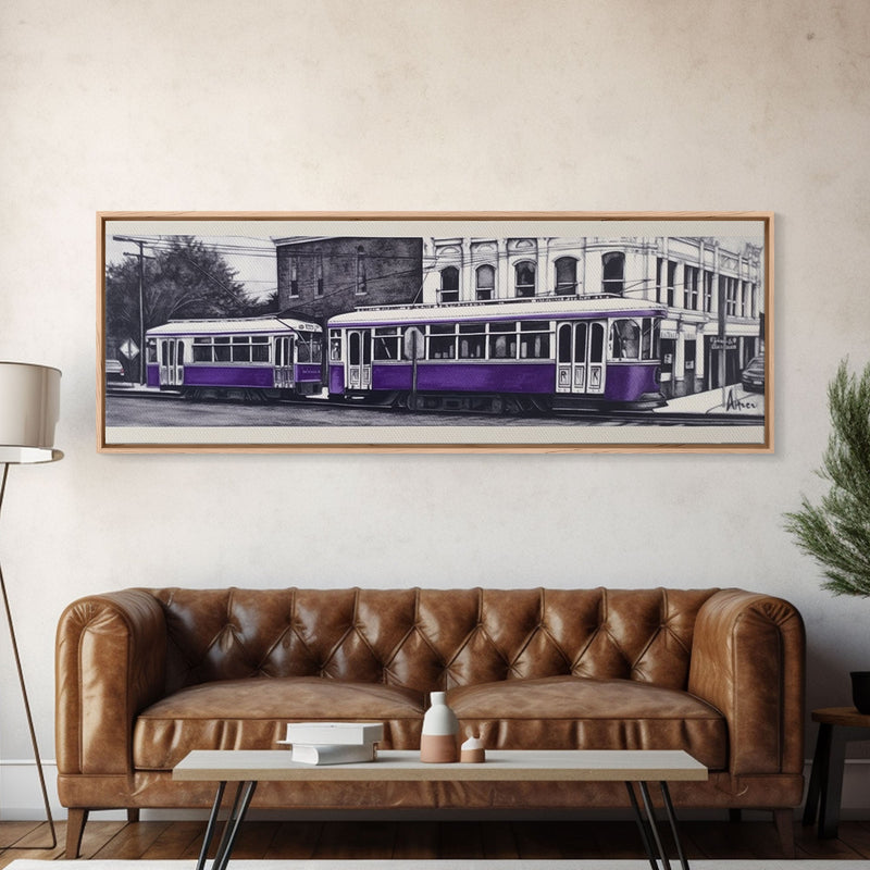 Purple Streetcar Art Print, Urban Art, Wall Decor, Color Pop, Wall Decor, Urban Framed Canvas Print, Panoramic, Wall Art, Canvas Print