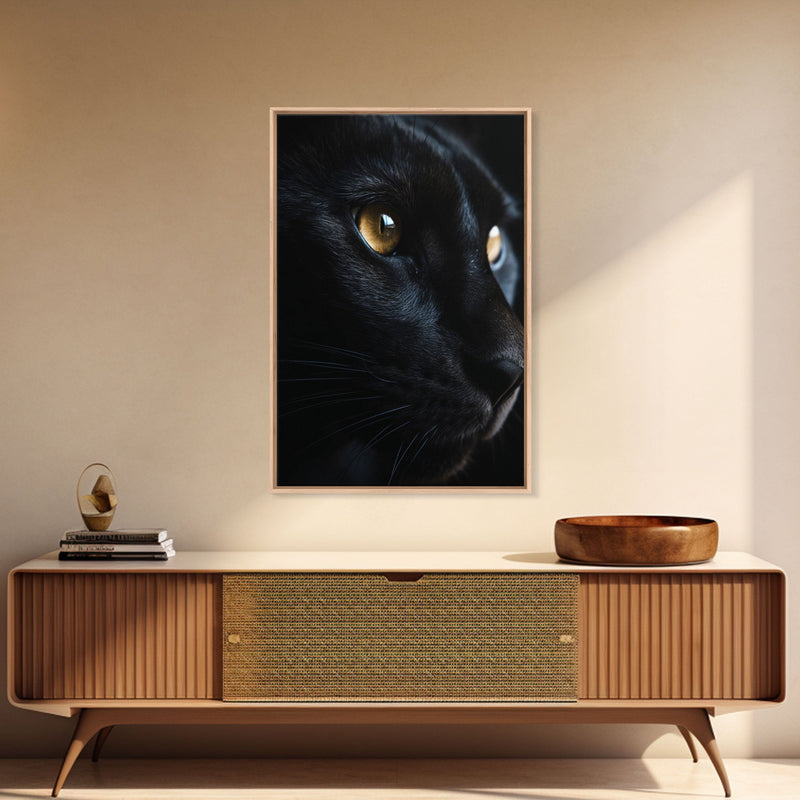 Beautiful Black Cat Portrait, Cat Photography, Framed Canvas Print, Framed Art, Halloween Witch Cat Art