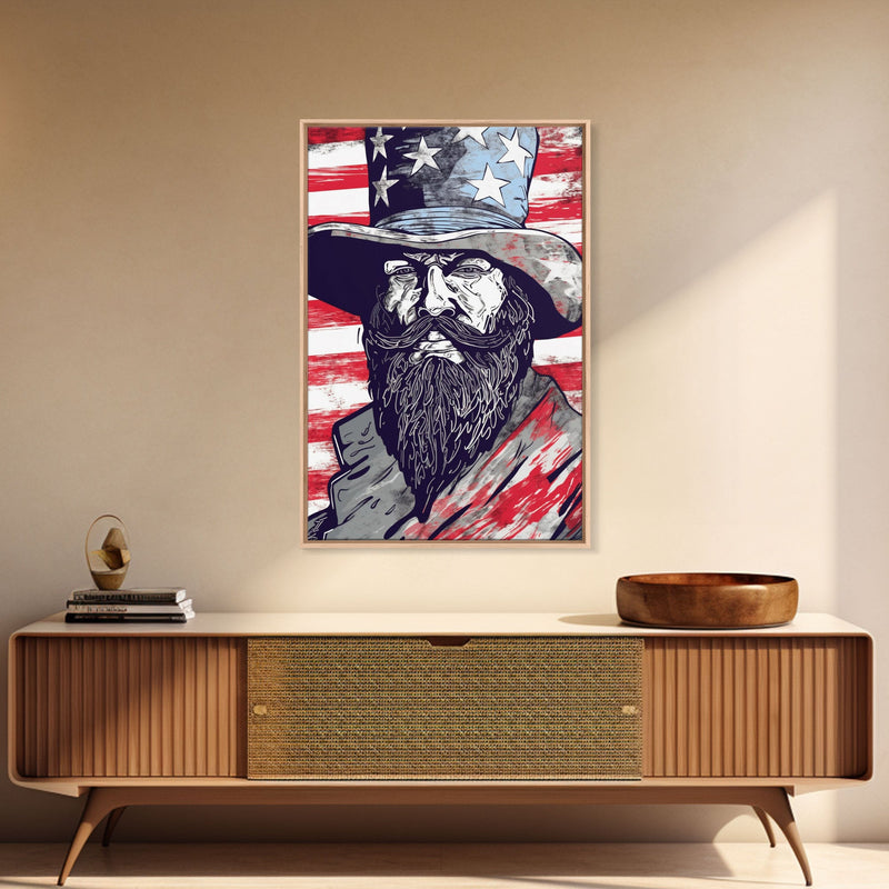 Wild West Uncle Sam Portrait, Patriotic Art, Framed Canvas Print, Stars and Stripes, Wall Art, Wild West Decor