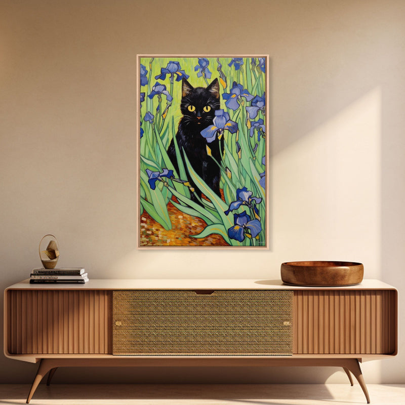 Vincent Van Gogh Inspired Irises Black Cat Wall Art, Framed Canvas Print, Poster Art, Funny Cat Print, Funny Gift, Home Decor Wall Art