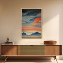 Japanese style wall art, sunrise over the mountains, canvas print, woodblock print style art, Hokusai style wall art