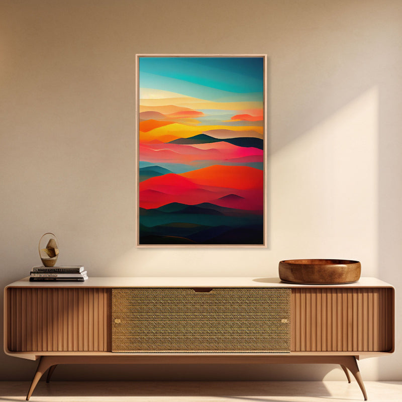 Art deco style clouds and sunset, midcentury modern art, canvas print, unique colorful wall art