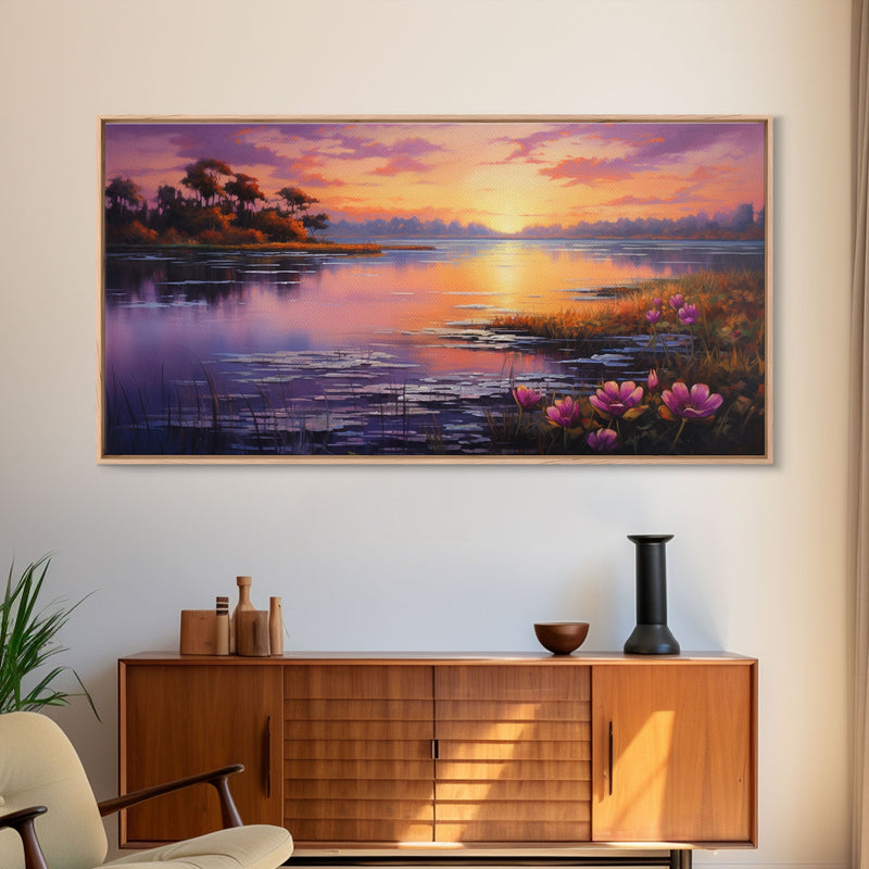 Beautiful Lake At Sunset, Framed Canvas Print, Landscape Oil Painting Print, Lakehouse Art, Lake Art, Lake House Decor, Nature Art