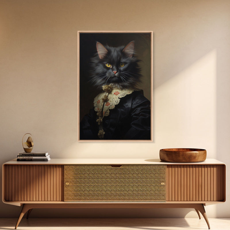 Victorian Cat Portrait, Funny Halloween Decor, Cute Cat Halloween Art, Framed Canvas Print