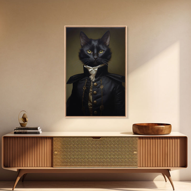 Admiral Meow Reporting For Duty, Victorian Cat Portrait Art, Framed Canvas Print, Gothic Dark Academia Wall Art