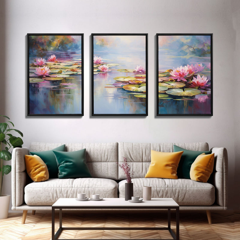 Water Lily Art, Lotus Wall Print, Lake Wall Art, Canvas Print, Wall Art, 3 Piece Wall Art, Botanical Art Print, Boho Wall Art, Kitchen Art