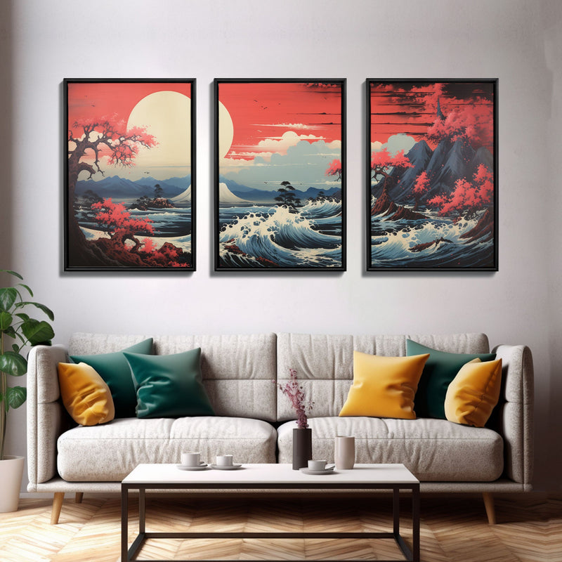 Asian Art, Japanese Wall Art, Mountains Print, Sunset Print, Canvas Print, Wall Art, 3 Piece Wall Art, Dorm Room Art, Gaming Wall Decor