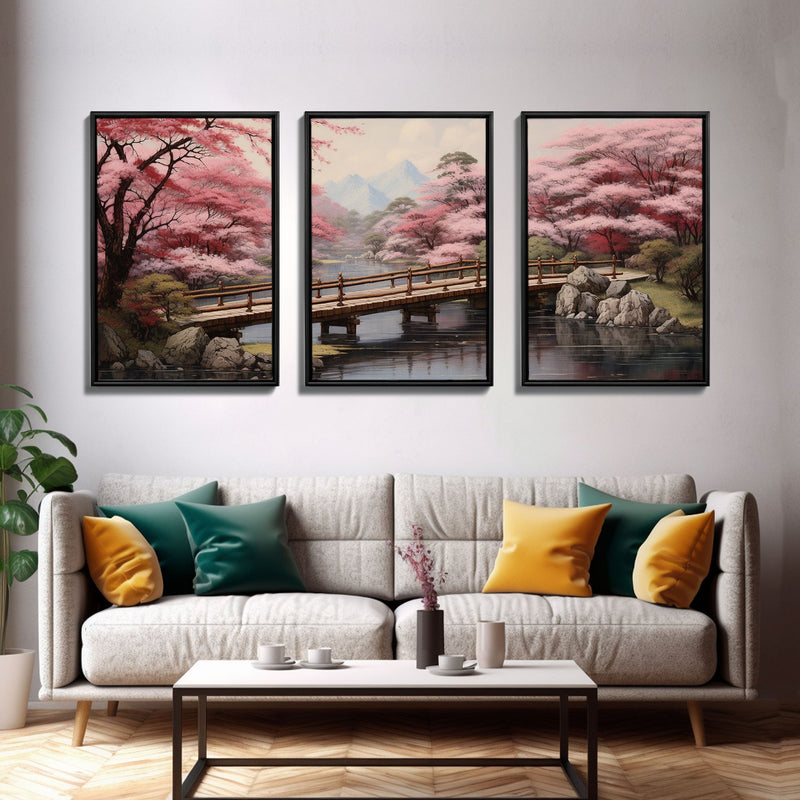 Wabi Sabi Decor, Framed Canvas Print, 3 Piece Set, Beautiful Japanese Maple Tree Garden