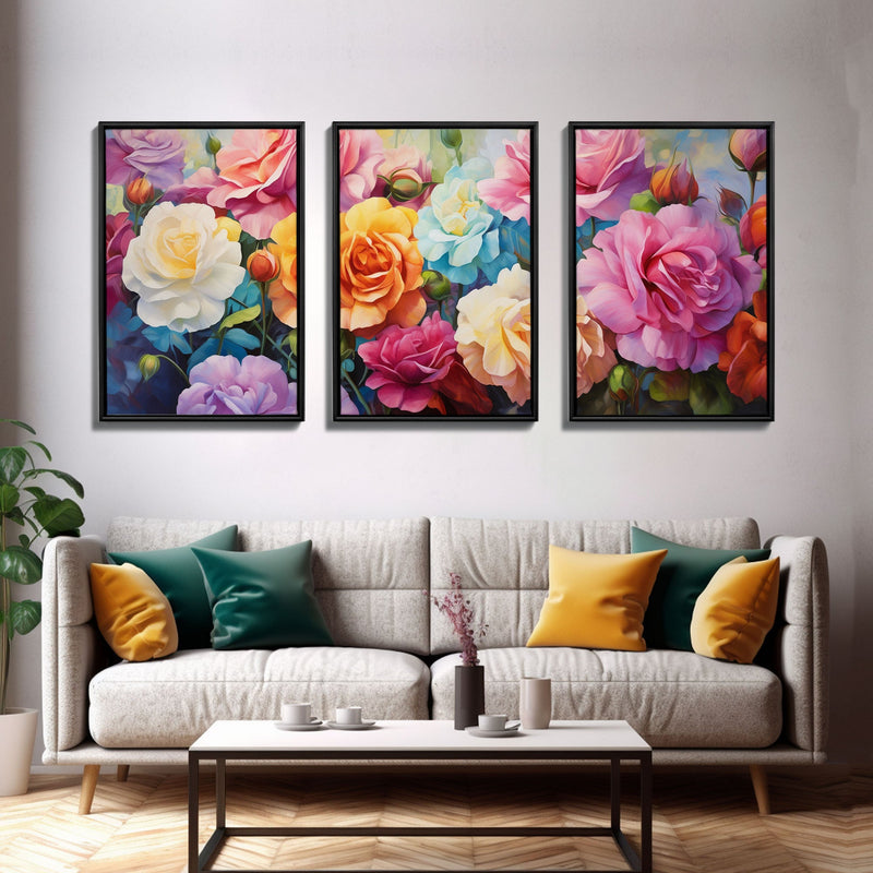 Beautiful Rose Art, Framed Canvas Print, Floral Art, Botanical  Decor, Blue and Yellow Roses, 3 Piece Art Set