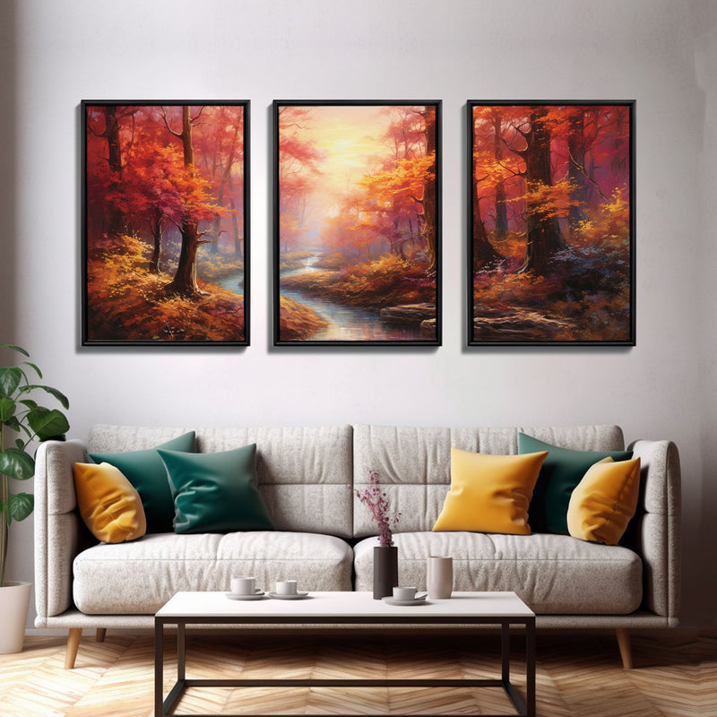 Beautiful Fall Centerpiece Art, Framed Canvas Print, 3 Piece Art, Thanksgiving Centerpiece, Above Sofa Art, Fall Finds, Landscape Painting