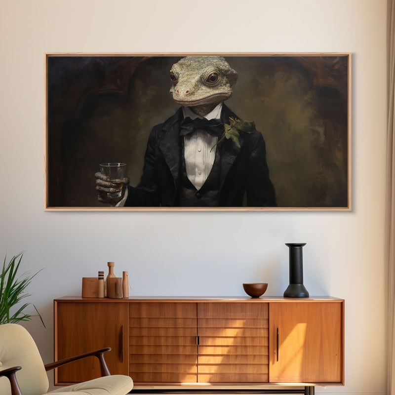 Victorian Gecko Business Man, Witch's Familiar Art, Halloween Decor, Framed Canvas Print, Halloween Wall Art, Victorian Gothic Art