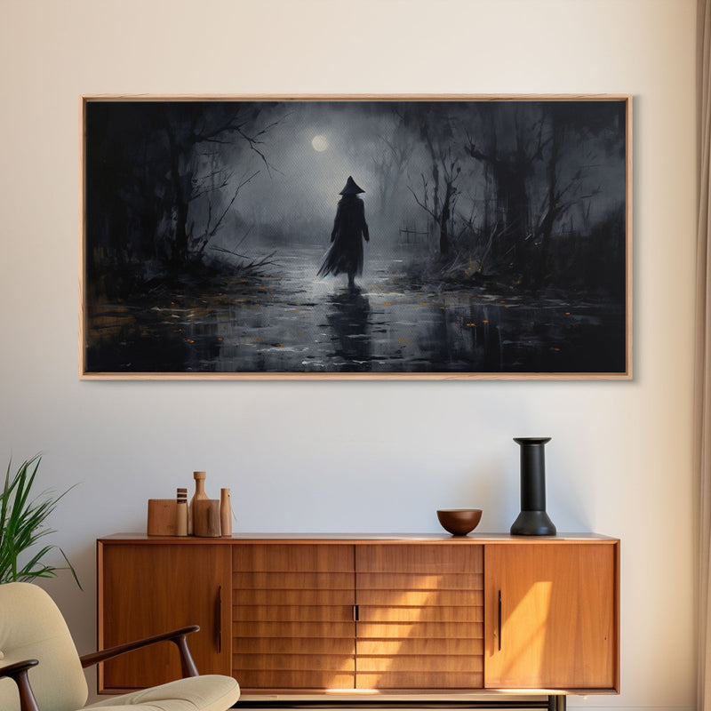 Witch Walking In The Rain Under A Full Moon, Witch Print, Framed Canvas or Poster, Victorian Oil Painting, Dark Academia, Witchcraft Decor