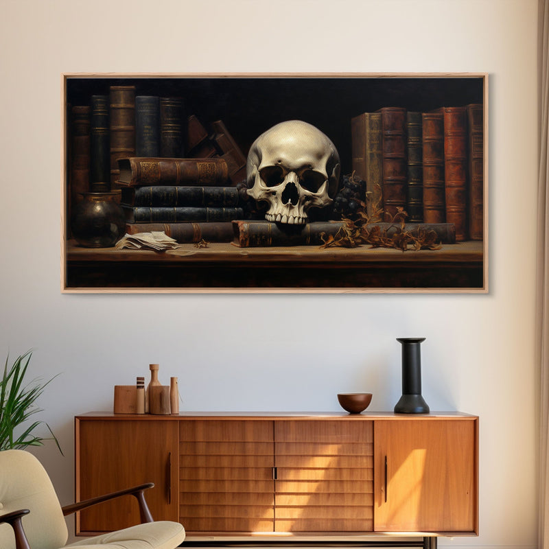 Victorian Gothic Library Art, The Skull On The Shelf, Framed Canvas Print, Halloween Decor, Halloween Art Print