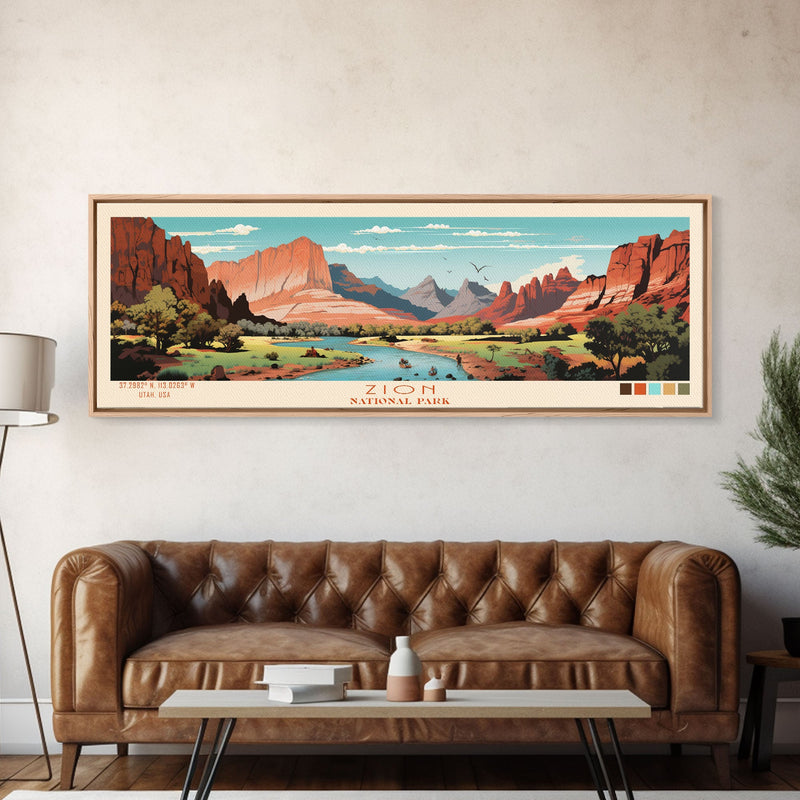 Zion National Park Panoramic Utah Travel Art, National Park Print, Minimalist Travel Art, Midcentury Modern Style Landscape