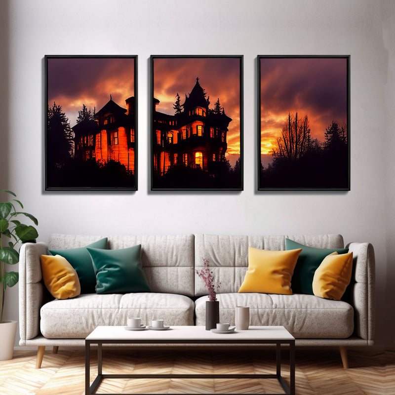 3 Piece Canvas Wall Decor, Ready To Hang Canvas Prints, Victorian Style Haunted House, Spooky Halloween Wall Art Decor