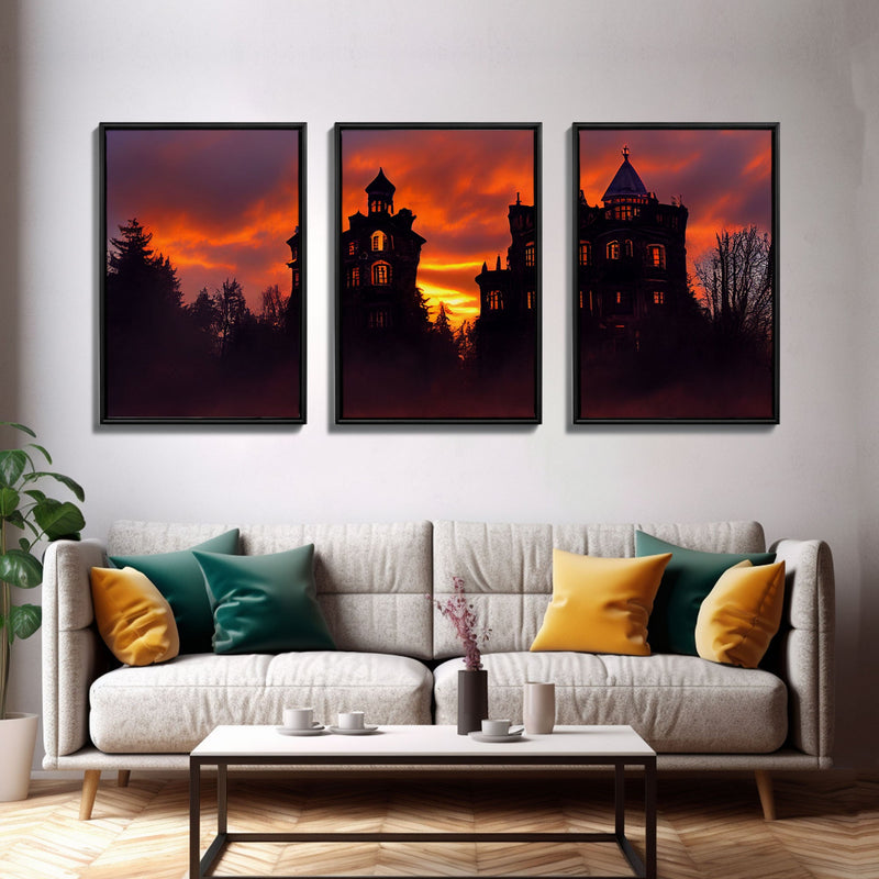 3 Piece Canvas Wall Decor, Ready To Hang Canvas Prints, Victorian Style Haunted House, Spooky Halloween Wall Art Decor