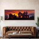 Spooky Victorian Haunted House, Panoramic Wall Art Canvas Print, Ready To Hang, Creepy Wall Decor, Gloomy Art, Scary Halloween Wall Decor