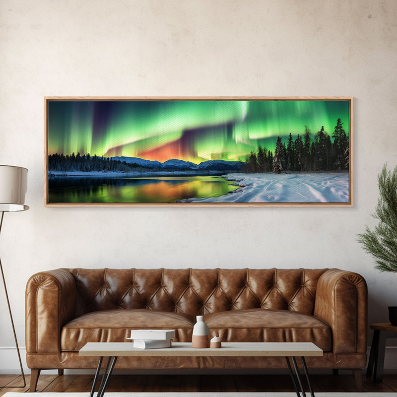 Aurora Borealis, Northern Lights Panoramic Framed Canvas Print, Beautiful Winter Wonderland Landscape Painting