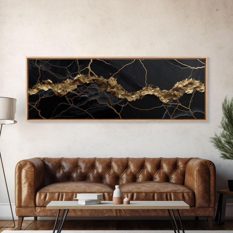 Black and Gold Marble Canvas Wall Art, Abstract Canvas Art, Panoramic Art, Large Wall Art, Marble Wall Decor, Large Canvas Art, Modern Art