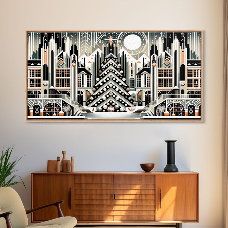 Art Deco Pattern Christmas Village - Framed Canvas Print - Retro Xmas Art - Christmas Decor - Christmas Wall Art - Christmas Art - Art Deco