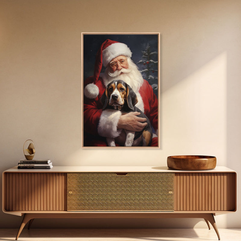 Santa Claus and his Beagle, Cute Dog Art, Framed Canvas Print, Christmas Art, Christmas Decor, Christmas Art Print, Christmas Wall Art