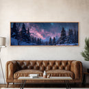 Starry Night Northern Lights, Framed Canvas Print, Beautiful Night Sky Over A Snow Capped Forest, Winter Landscape Painting, Purple Skies