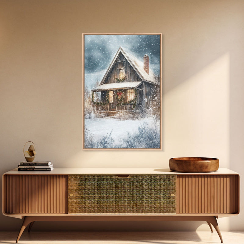 Beautiful Woods Cabin Framed Canvas Print, Extra Large Fall Decor, Mid Century Modern Winter Wall Art, Modern Christmas