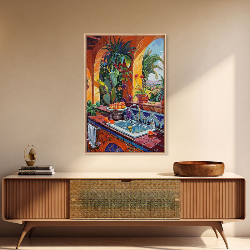 Vibrant Mexican Kitchen With Cactus And Fruit Framed Canvas Print Southwestern Art Best Gift Home Decor Bright Interior Wall Art