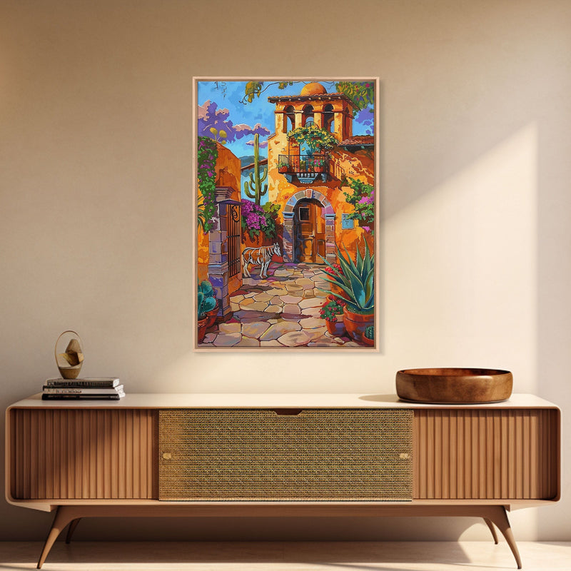 Bright Mexican Style Courtyard Tall Art Framed Canvas Print Featuring Vibrant Architecture And Desert Scenery