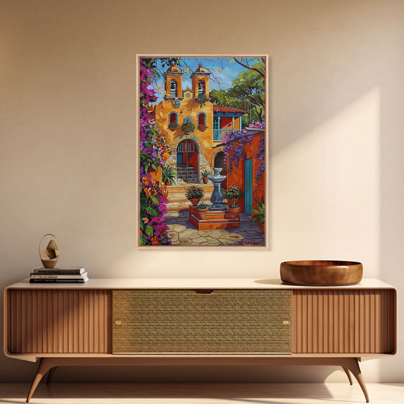 Bright Mexican Style Tall Art Framed Canvas Print Depicting Ornate Blue Door And Rustic Courtyard