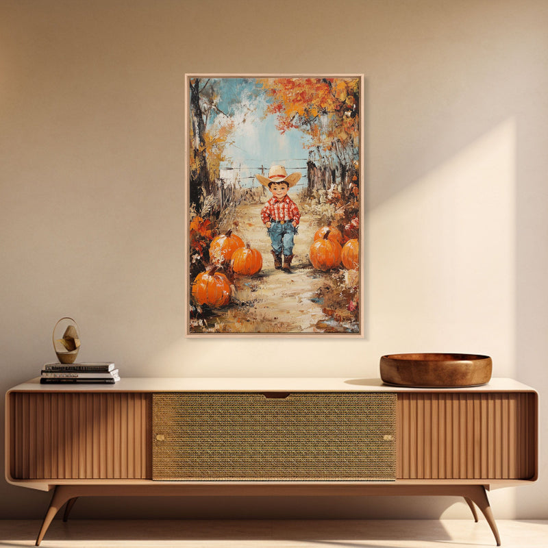 Autumn Cowboy Decor Canvas Print with Pumpkins, Fall Holiday Wall Art and Seasonal Gift Idea 2024