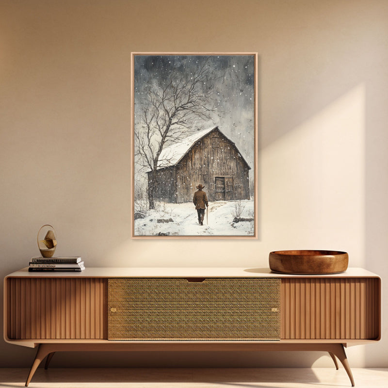 Winter Barn Snow Scene Framed Canvas Print - Moody Landscape Art Perfect Gift Idea 2024 Farmhouse Rustic Winter Wall Decor