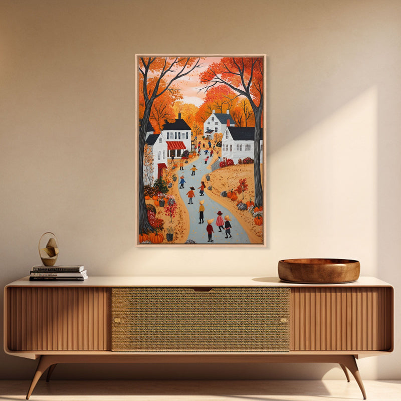 Autumn Village Scene Framed Canvas Print Tall Art With Fall Leaves And Pumpkins, Cozy Wall Art For Seasonal Farmhouse Decor