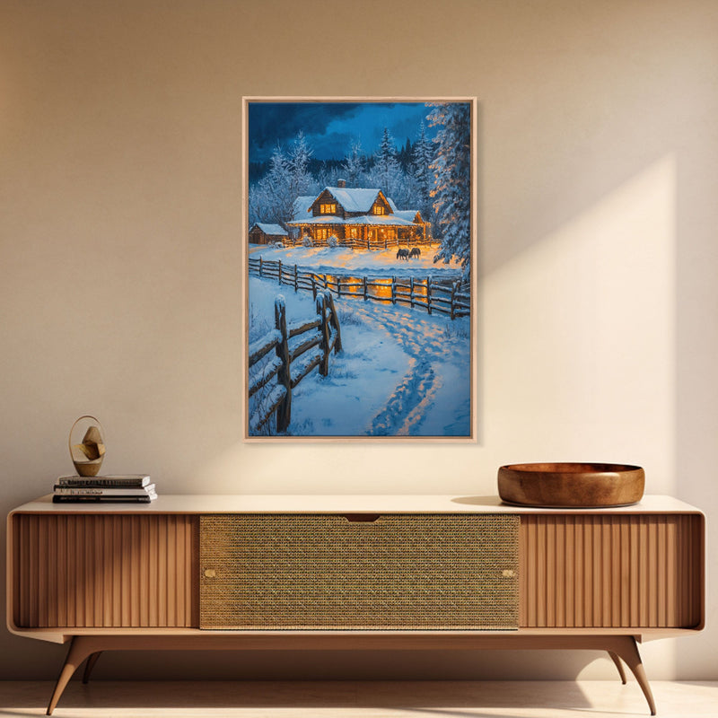 Warm Log Cabin In Snow Framed Canvas Print Wall Art Winter Holiday Decor, Country Christmas Art Gift, Rustic Winter Wonderland Art