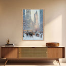 Historical City Winter Framed Canvas Print, Snowy Urban Landscape with Carriages and Victorian Architecture, Elegant Christmas Wall Art